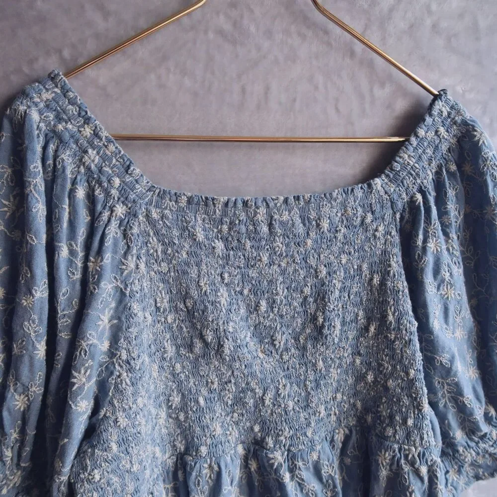 OLD NAVY Blue Floral Puff-Sleeve Babydoll Top Size XXL Embroidered Chambray